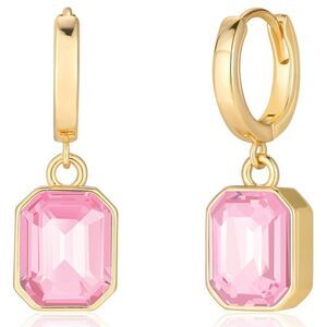 18K Yellow Gold with Pink Sapphire Crystal Dangling Octagon Huggie Earrings